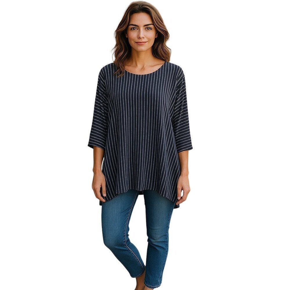 Comfy USA Tunic Top Black White Small Asymmetrical Hem 3/4 Sleeve Boat Neck